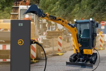 Concept of electric city excavator with charging station