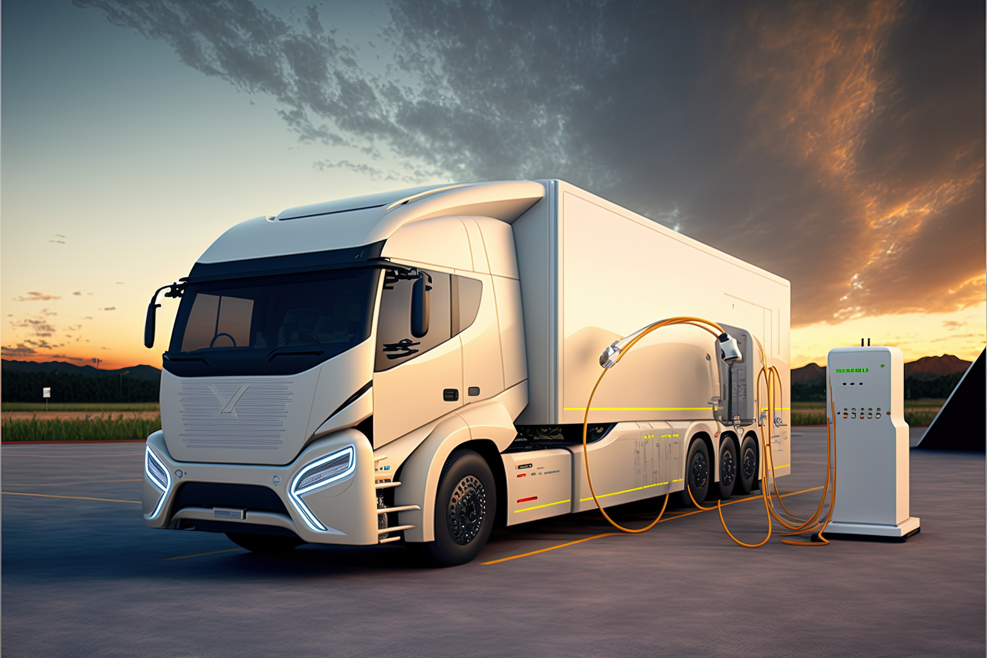 Hybrid electric truck being charging at charging station, 3d rendering , AI art